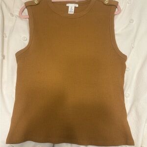 H&M New Camel Ribbed Sweater Tank with Gold Button Shoulders